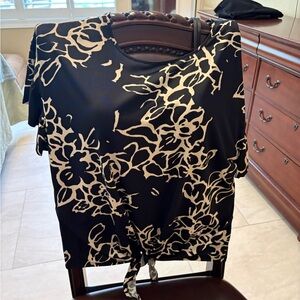 Black & Cream Floral Tie-Front Women's Blouse